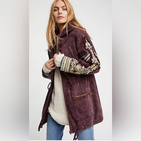 Free People Jackets & Blazers - Free People RARE Burgundy Golden Quills Embroidered Hooded Military Jacket XS